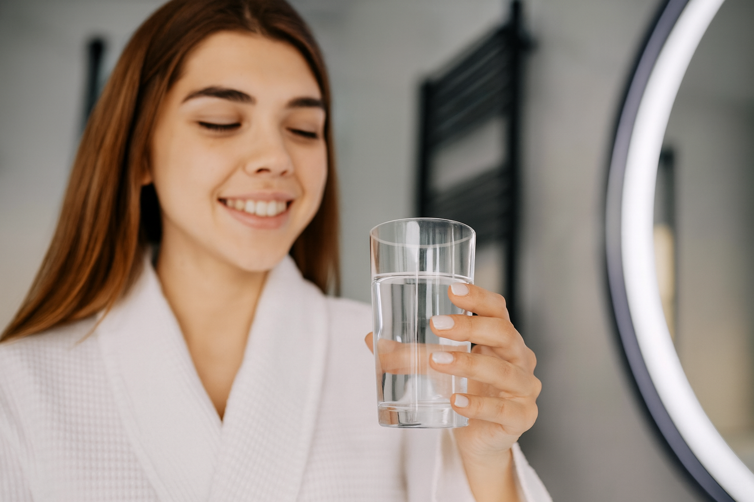 Mujer sosteniendo un vaso de agua para realizar enjuague con agua tibia y sal como remedio casero para encías inflamadas